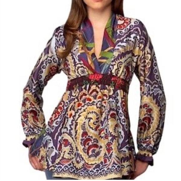 Johnny Was Tops - Johnny Was Silk Tunic Blouse Washable Abstract Floral Print Purple Blue Size XL